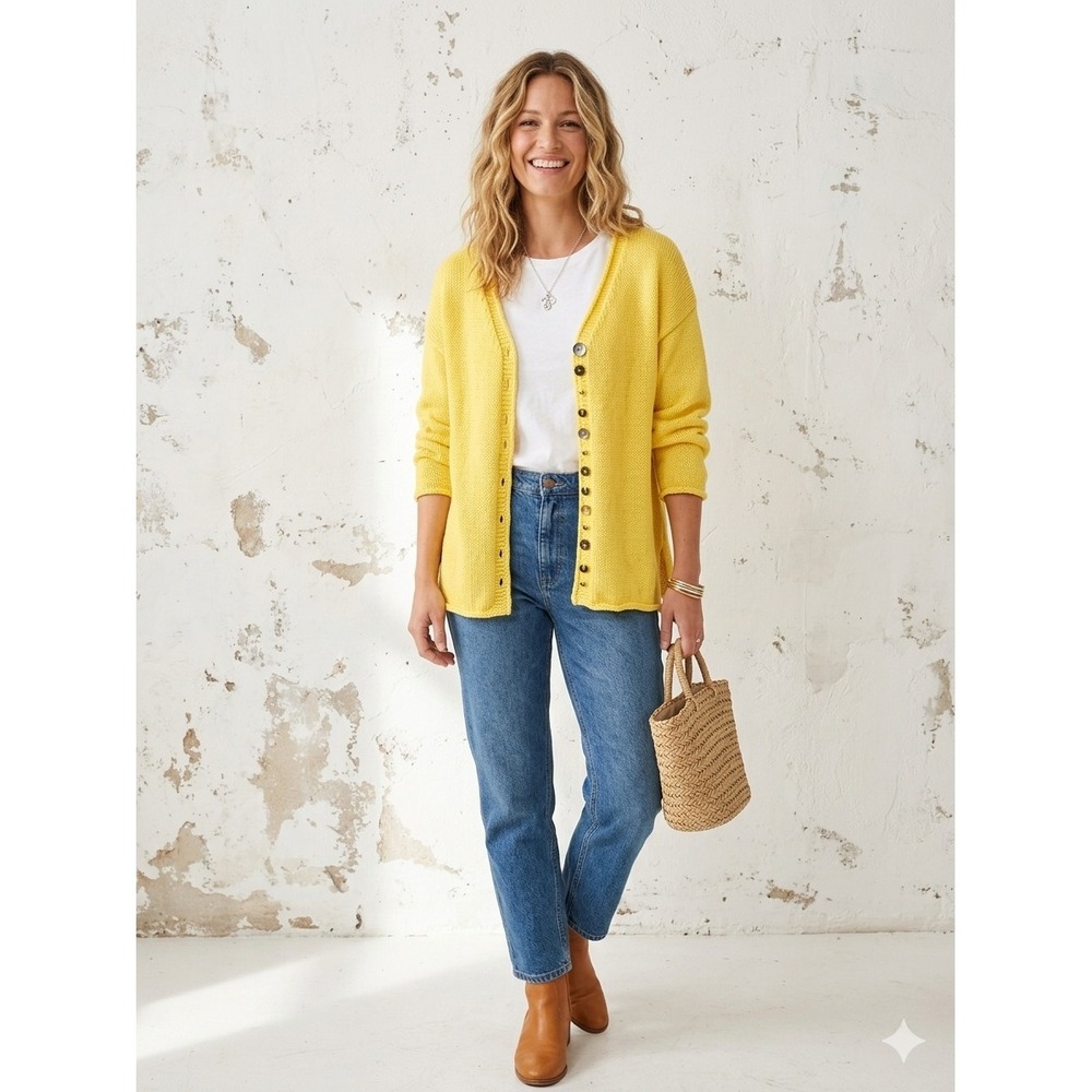 Pure Handknit Yellow Cotton Cardigan Sweater M/L V-Neck Oversized Chunky Button